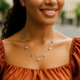 Sterling Silver Rhodium Plated Pearl Station Charm Necklace thumbnail 3