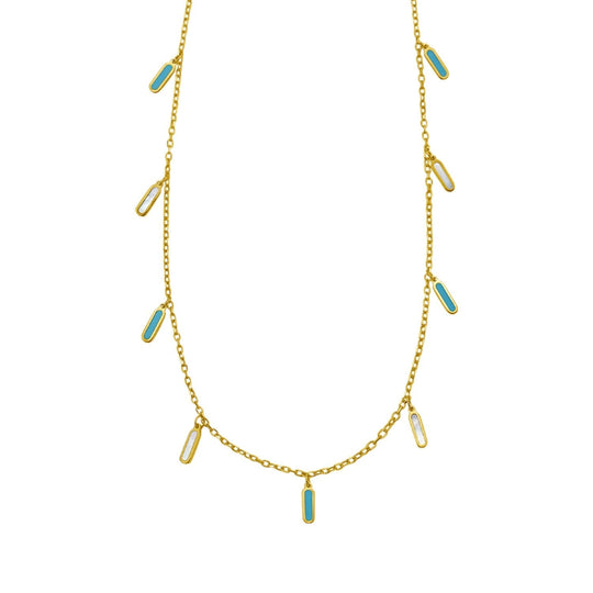 14K yellow gold station necklace with turquoise and mother-of-pearl inlay