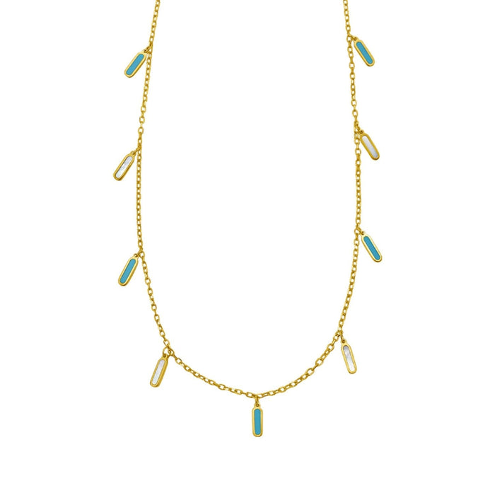 14K Yellow Gold Turquoise And MOP Inlay Station Necklace
