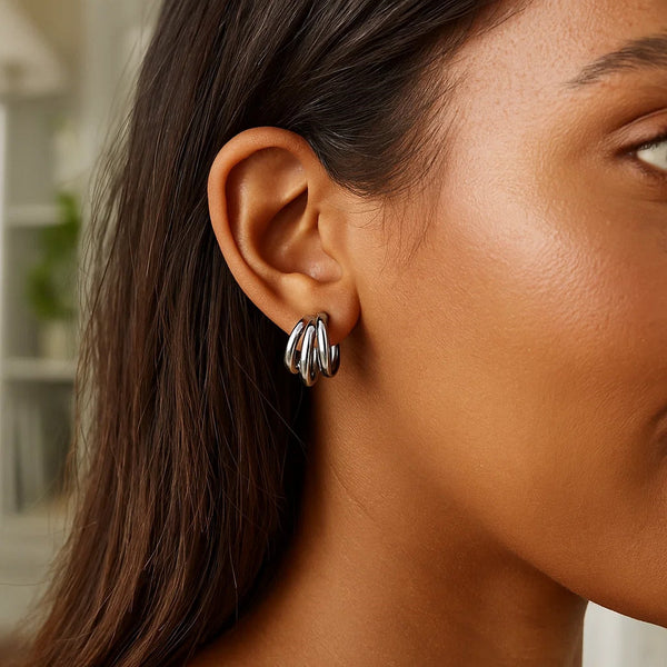 Sterling Silver Triple Row Strand Hoop Earrings