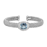 Popcorn Texture Cuff Bangle with Blue Topaz and Diamonds in Sterling Silver