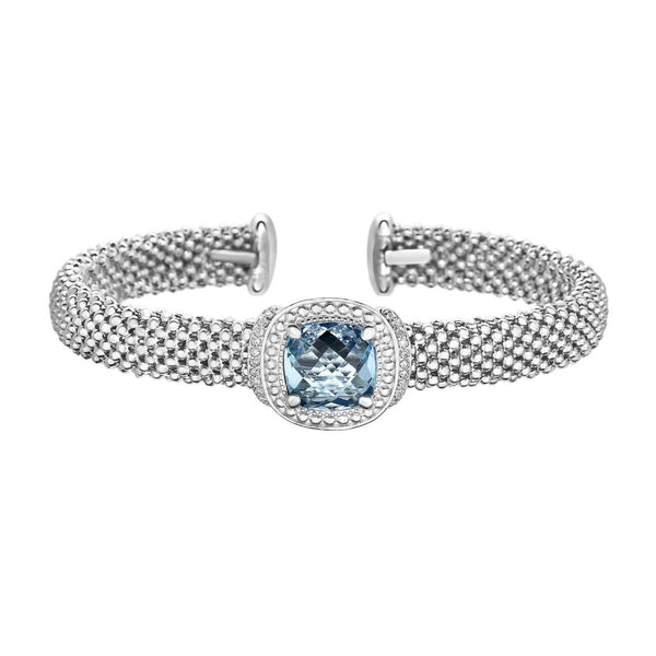 Popcorn Texture Cuff Bangle with Blue Topaz and Diamonds in Sterling Silver