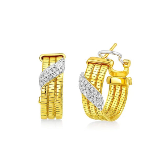 14K Yellow Gold Triple Row Diamond Omega Hoop Earrings