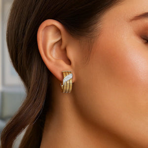 14K Yellow Gold Triple Row Diamond Omega Hoop Earrings