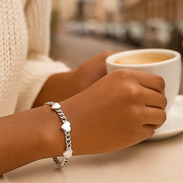 Sterling Silver Rhodium Plated Heart Chain Bracelet