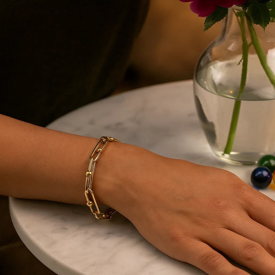 14k Yellow Gold 7 3/4 inch Beaded Oval Chain Bracelet