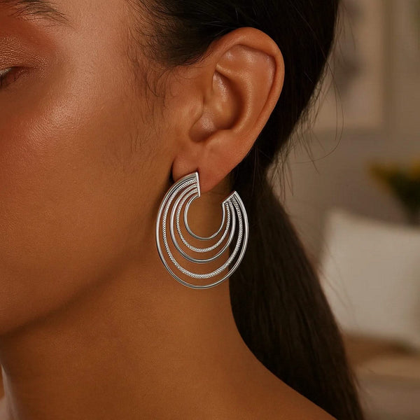 Sterling Silver Diamond Cut and Polished Five Row Hoop Earrings