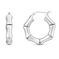 Sterling Silver Rhodium Plated Bold Bamboo Hoop Earrings