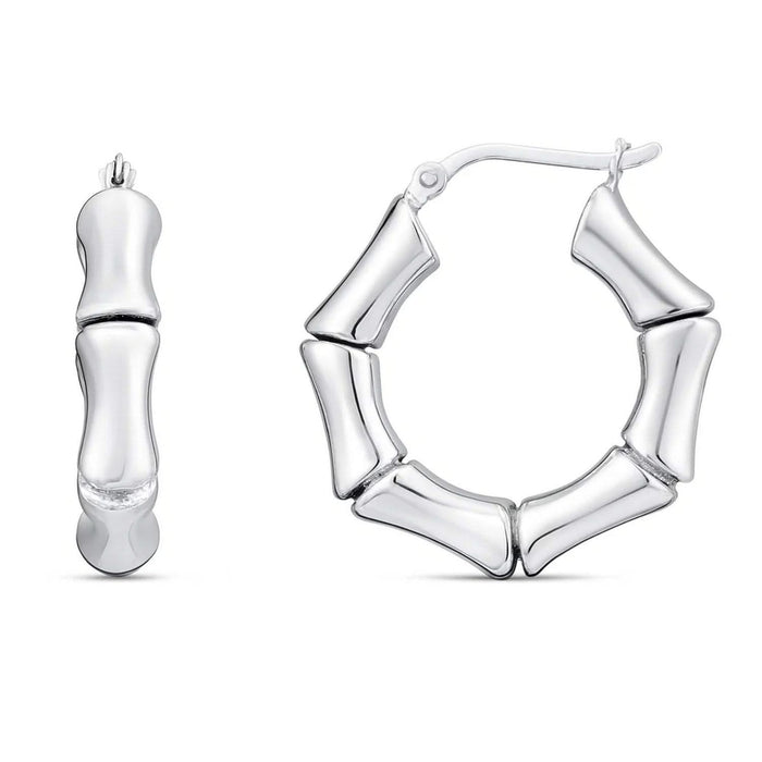 Sterling Silver Rhodium Plated Bold Bamboo Hoop Earrings