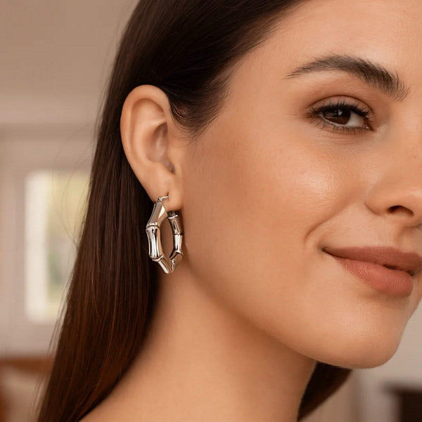 Sterling Silver Rhodium Plated Bold Bamboo Hoop Earrings