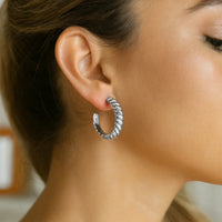 Sterling Silver Rhodium Plated Large Ribbed Twisted Hoop Earrings