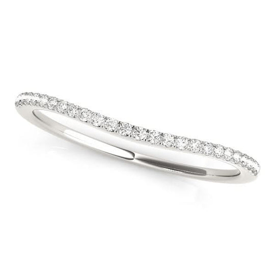 14K white gold curved wedding band with pave round diamond stones