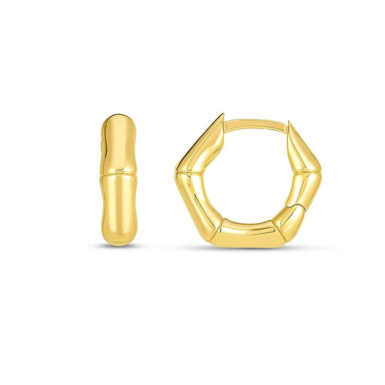 14K yellow gold bamboo huggie hoop earrings with ridged textured profile
