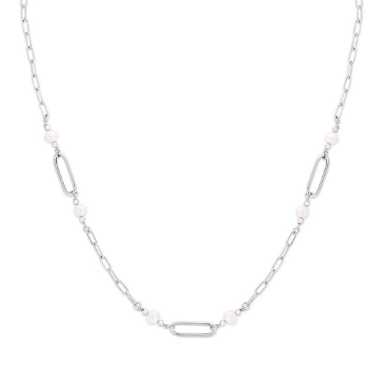 Sterling Silver Rhodium Plated Freshwater Pearl Paperclip Necklace