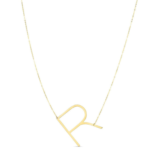 14K yellow gold large script initial R pendant necklace