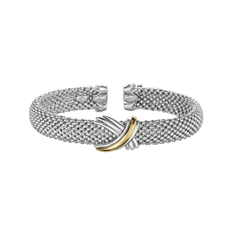 Popcorn Texture Cuff Bangle with X Motif in Sterling Silver and 18k Yellow Gold