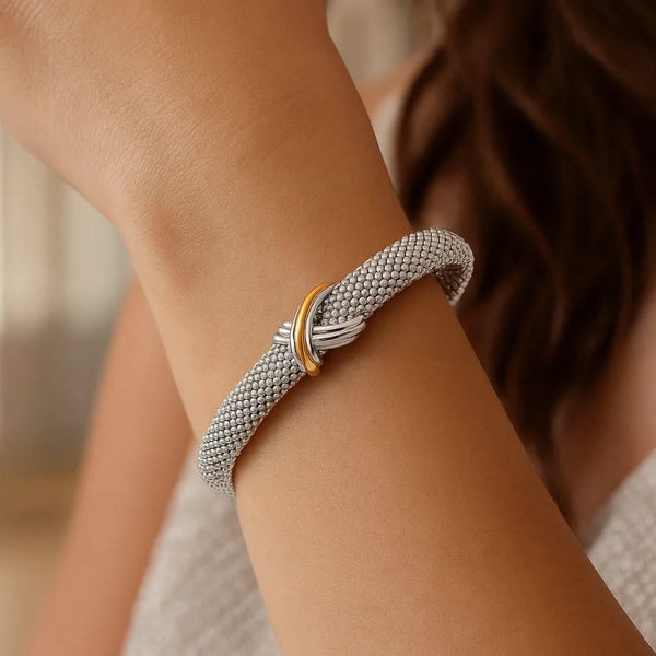 Popcorn Texture Cuff Bangle with X Motif in Sterling Silver and 18k Yellow Gold