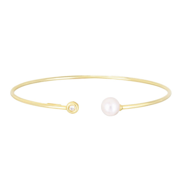 14k Yellow Gold Cuff Bangle with Pearl and Diamond (3.00 mm)