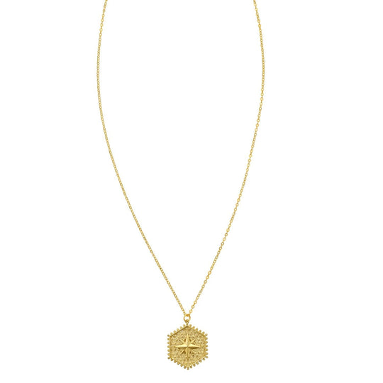 14K yellow gold North Star hexagon pendant necklace