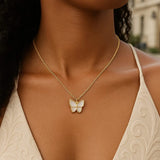 14k Yellow Gold High Polish Butterfly Peral Paste Necklace thumbnail 3