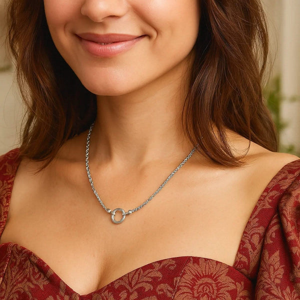 Sterling Silver Rhodium Plated Fancy Push Lock Rope Necklace