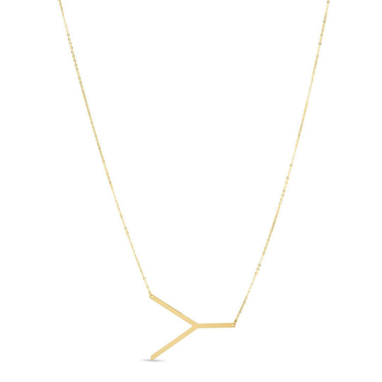 14K yellow gold large initial Y necklace pendant with polished block letter face