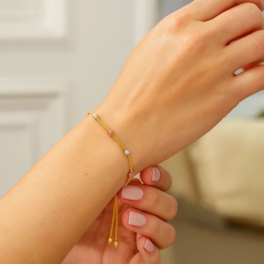 14k Tri-Color Gold Textured Bead Station Lariat Bracelet
