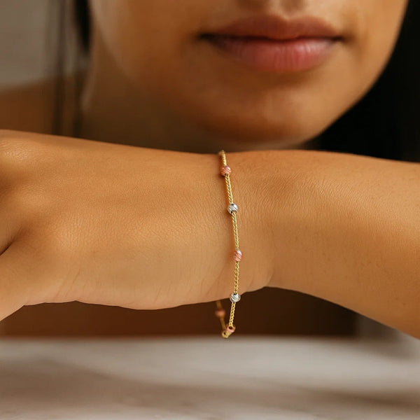14k Tri-Color Gold Textured Bead Station Lariat Bracelet