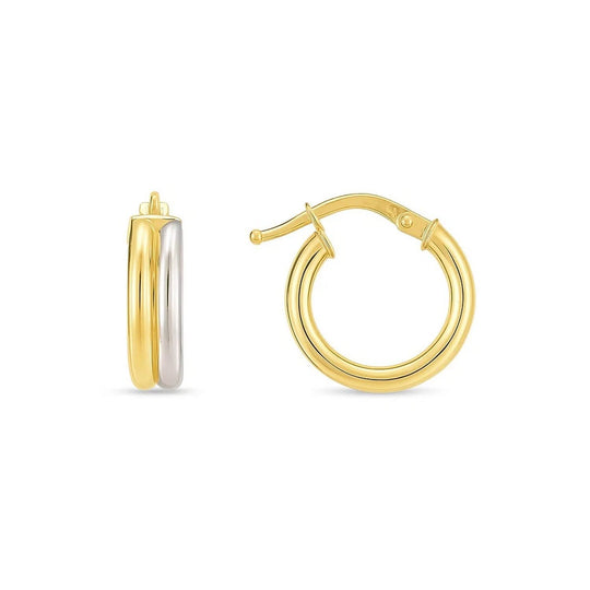 14K two-tone gold double round hoop ring with paired yellow and white bands