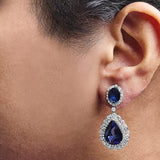18K White Gold Blue Sapphire 2 3/4 Cttw Diamond Halo Drop Dangle Earring (G-H Color, SI1-SI2 Clarity)-2 thumbnail 3