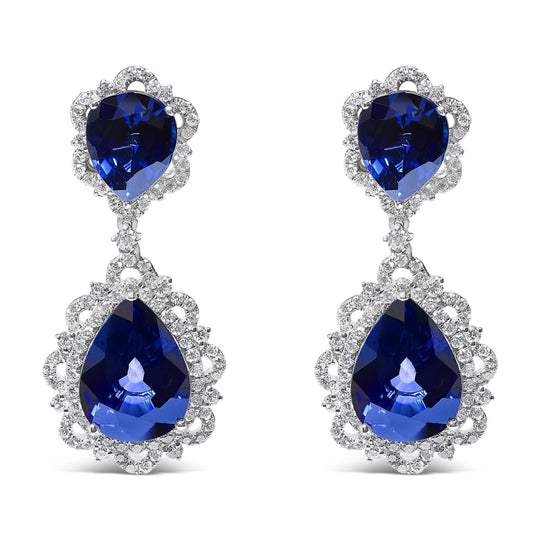 18K white gold drop earrings with blue sapphire and diamond halo stones