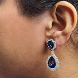 18K White Gold Blue Sapphire and Diamond 2.00 Cttw Diamond Halo Drop and Dangle Earring (G-H Color, SI1-SI2 Clarity)-2 thumbnail 3