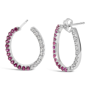 Sterling Silver Lab Created Ruby and White Sapphire Hoop Earrings-1