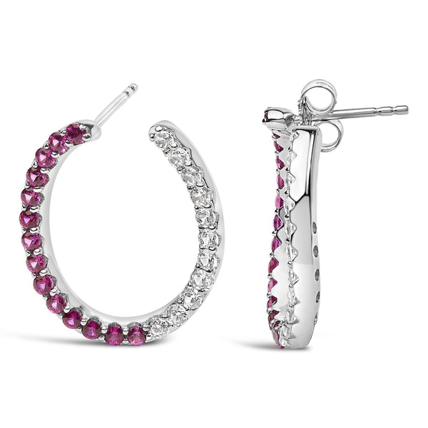 Sterling Silver Lab Created Ruby and White Sapphire Hoop Earrings