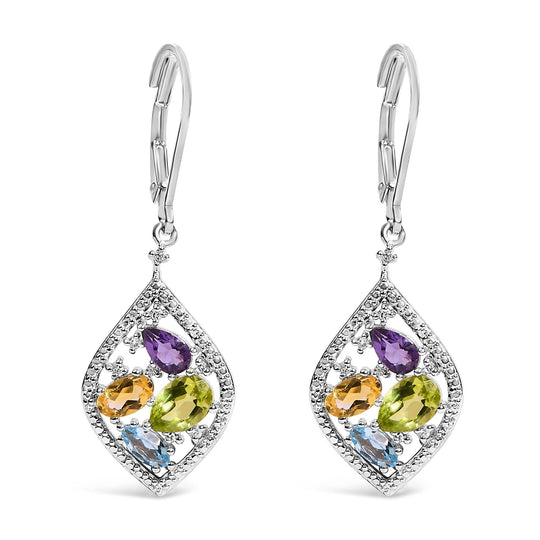 Sterling Silver Diamond Accent Multi Stone Rhombus Drop Earrings-0