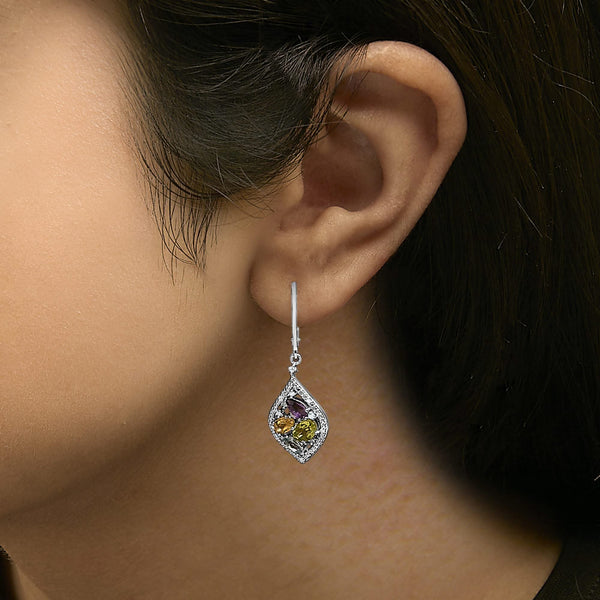 Sterling Silver Diamond Accent Multi Stone Rhombus Drop Earrings