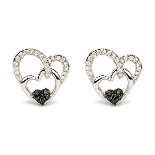 .925 Sterling Silver 1/4 Cttw Black and White Diamond Multi Heart Stud Earrings