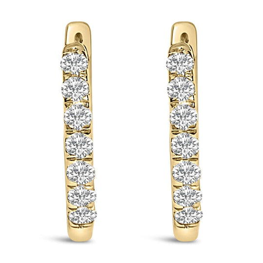 10K gold huggie hoop earrings with round diamond stones set on both sides