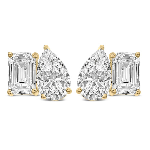 14K Gold 2.0 Cttw Emerald and Pear Toi et Moi Lab Grown Diamond Stud Earrings