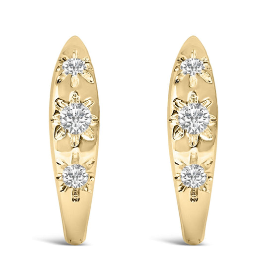 10K gold huggie hoop earrings with three round diamond stones in a row