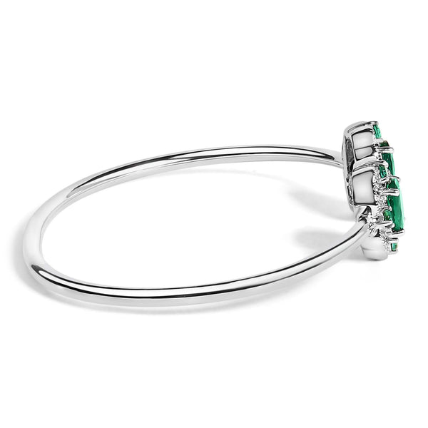 Sterling Silver White Topaz and Green Emerald Floral Bangle Bracelet 6.5 Inch