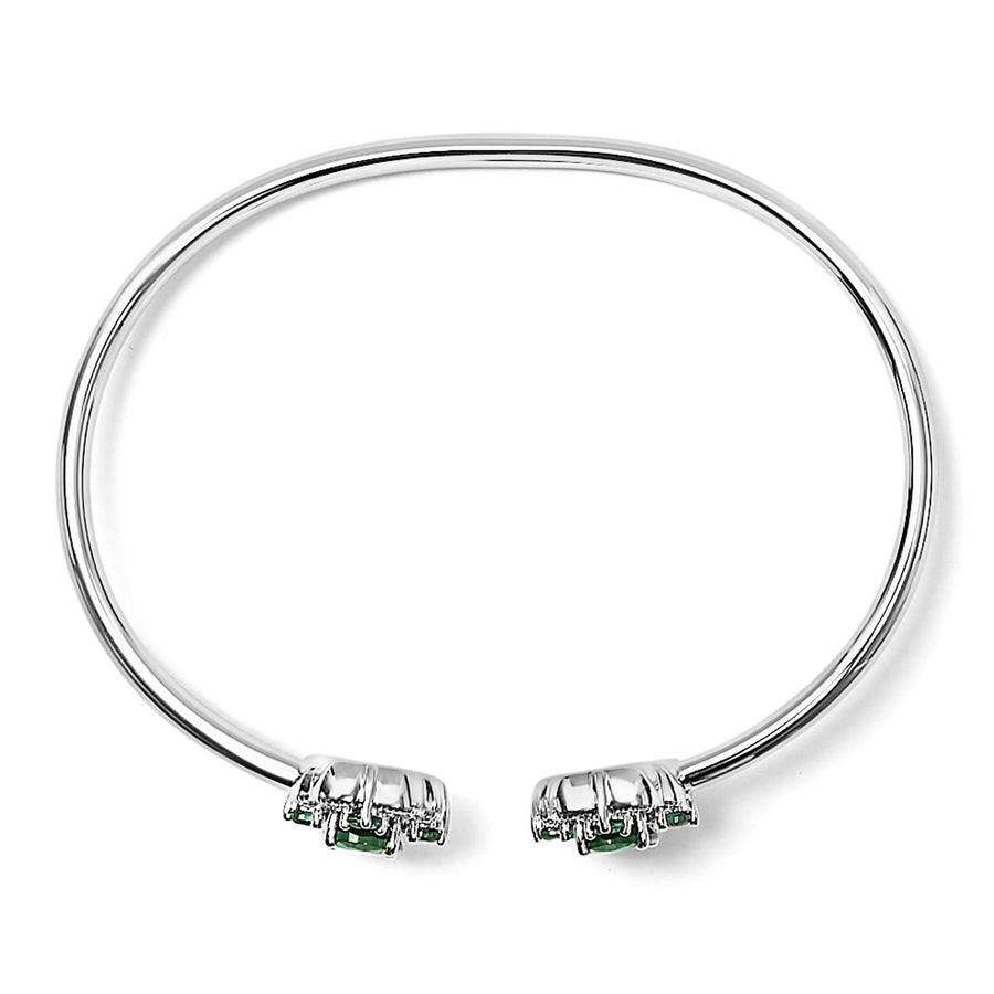 Sterling Silver White Topaz and Green Emerald Floral Bangle Bracelet 6.5 Inch-3