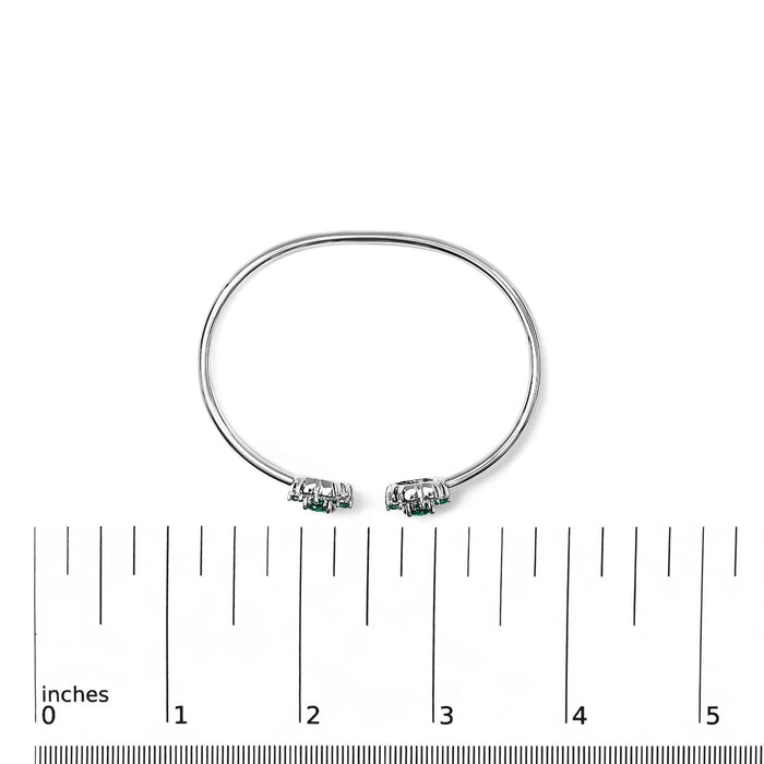 Sterling Silver White Topaz and Green Emerald Floral Bangle Bracelet 6.5 Inch