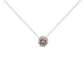 14K white gold necklace with pink diamond and halo of round white diamonds