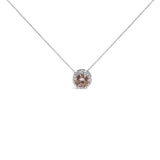14K white gold necklace with pink diamond and halo of round white diamonds thumbnail 1
