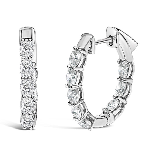14K white gold hoop earrings with oval diamond stones front and back