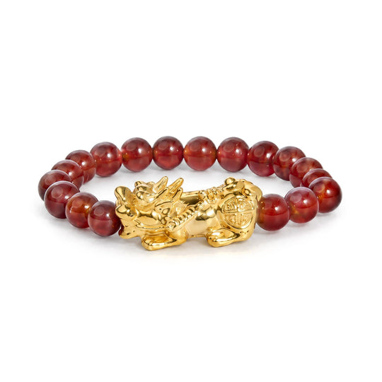 18K Yellow Gold Red Agate Beaded Stretch Ring with Sculpted Dragon Charm