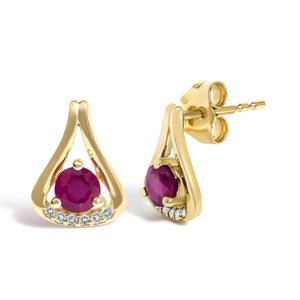14K Yellow Gold Red Ruby and Diamond Accent Teardrop Stud Earrings-1