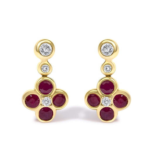 14K Yellow Gold 1/10 Cttw Diamond and  Ruby Floral Dangle Earrings-0