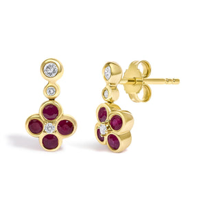 14K Yellow Gold 1/10 Cttw Diamond and  Ruby Floral Dangle Earrings-1